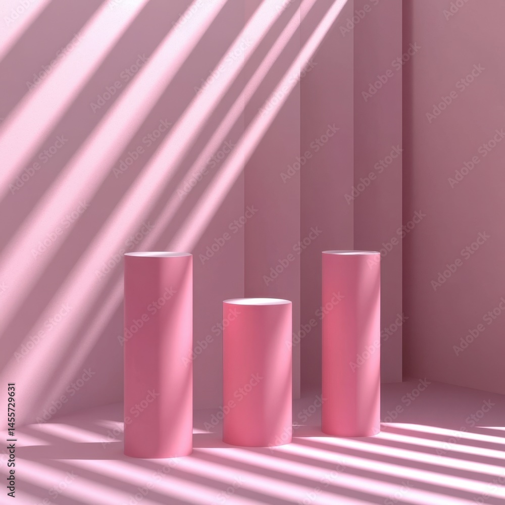 Poster pink product display with cylinders and light streaks for showcase in studio setting
