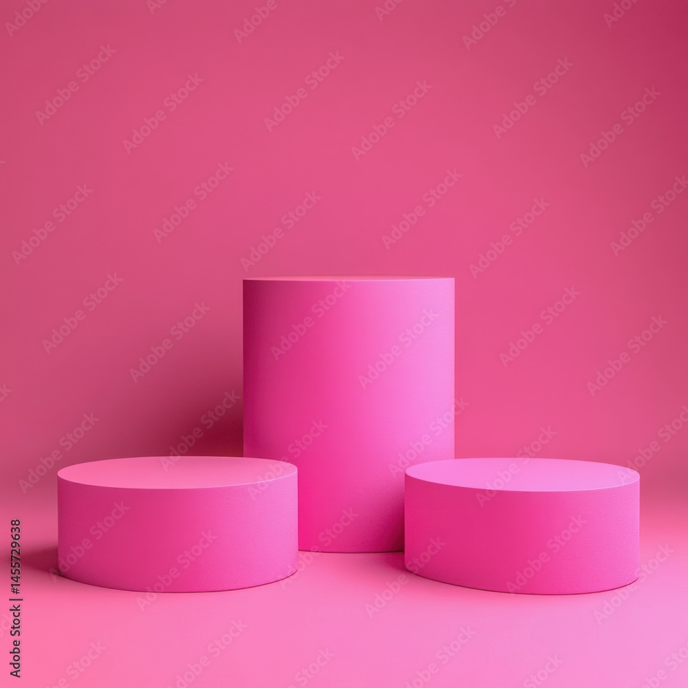 Poster three pink cylinders on a pink background for product presentation and display in a studio setting