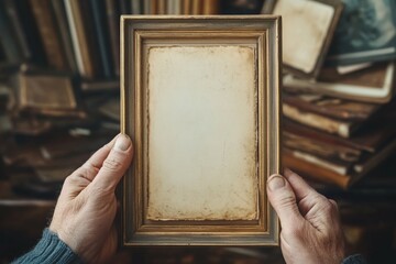 Vintage photo frame held by hands against a backdrop of books  