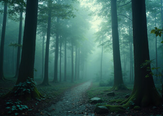Naklejka premium Mysterious Misty Forest with Moss-Covered Rocks and Pathway under Lush Green Canopy in Dreamlike Woodland Scene