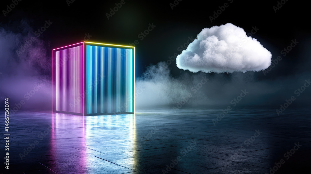 Aufkleber neon cube glowing minimalist black room cloud futuristic surreal mist reflection night glowing neon 