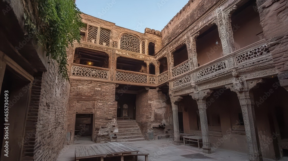 Poster mystical courtyard view of ancient crumbling historic building and architecture reveals the aging st