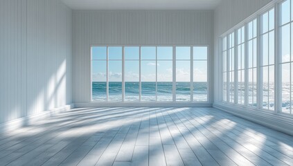 Fototapeta premium Empty white room with large ocean views.