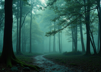 Naklejka premium Mysterious Misty Forest with Moss-Covered Rocks and Pathway under Lush Green Canopy in Dreamlike Woodland Scene