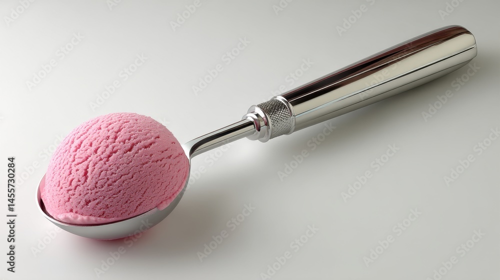 Poster scoop of strawberry ice cream on a silver spoon ready to be enjoyed on a hot summer day perfect trea