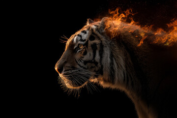 tiger looking with burning on black background  © Tidarat