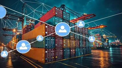 Cargo containers at night with digital connectivity icons - Powered by Adobe