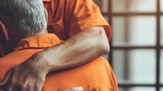 Two inmates hug in their orange uniforms, highlighting friendship during tough times
