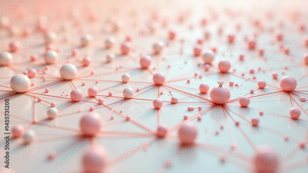 Poster a network of interconnected pastel spheres and threads illustrates an abstract concept of communicat