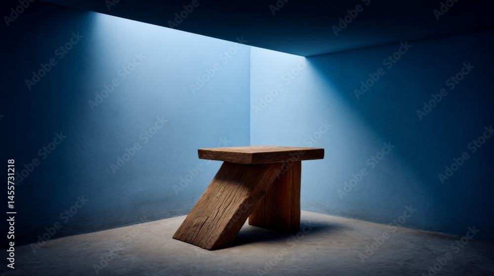 Poster morning light filters through, illuminating a weathered stone floor and soft azure wall, enhancing t