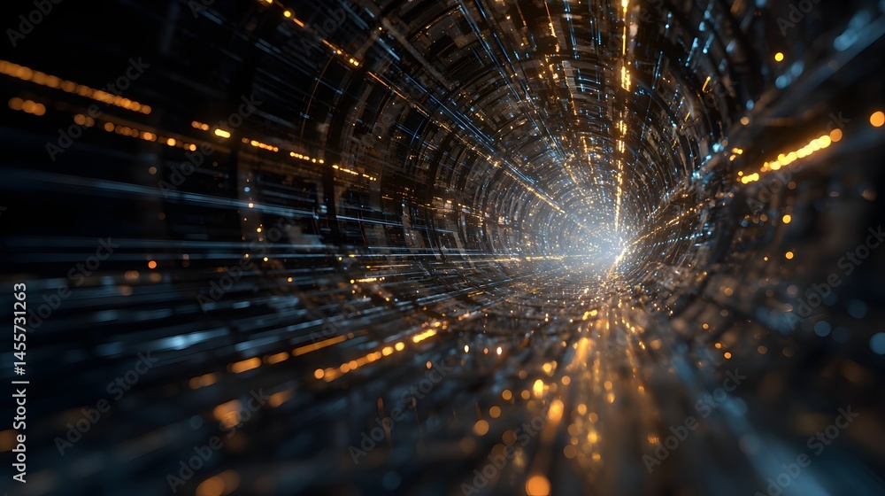 Poster futuristic technology wormhole teleportation with data stream particles tech tunnel with blue and or