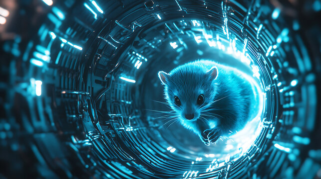Ferret-shaped AI nanobot slinking through a glowing tunnel of wires 