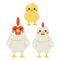 正面から見たニワトリとヒヨコのイラストセット