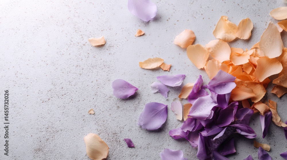 Poster soft lavender and peach petals cascade elegantly over a textured canvas, enriched by diffused lighti