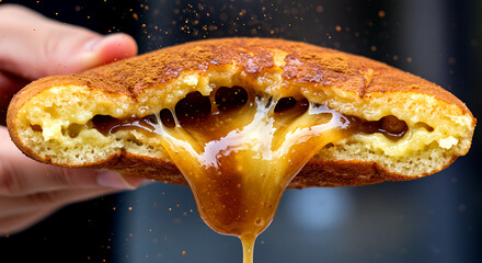 Korean hotteok, stuffed pancake with molten brown sugar syrup bursting out 