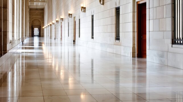 A wide shot displays a grand hall with ivory stone columns, marble textures, and softly lit ambiance, showcasing classic architecture and ample copy space