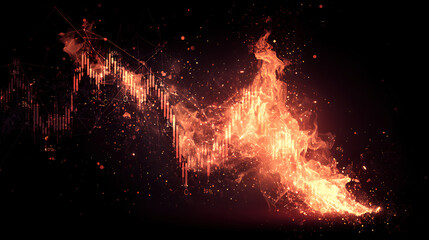 Abstract stock chart engulfed in flames with glitch effects and steep downward trend symbolizing financial crisis and instability
