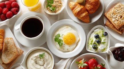 Fresh continental breakfast with neatly arranged ingredients. A wholesome morning spread to start the day.
