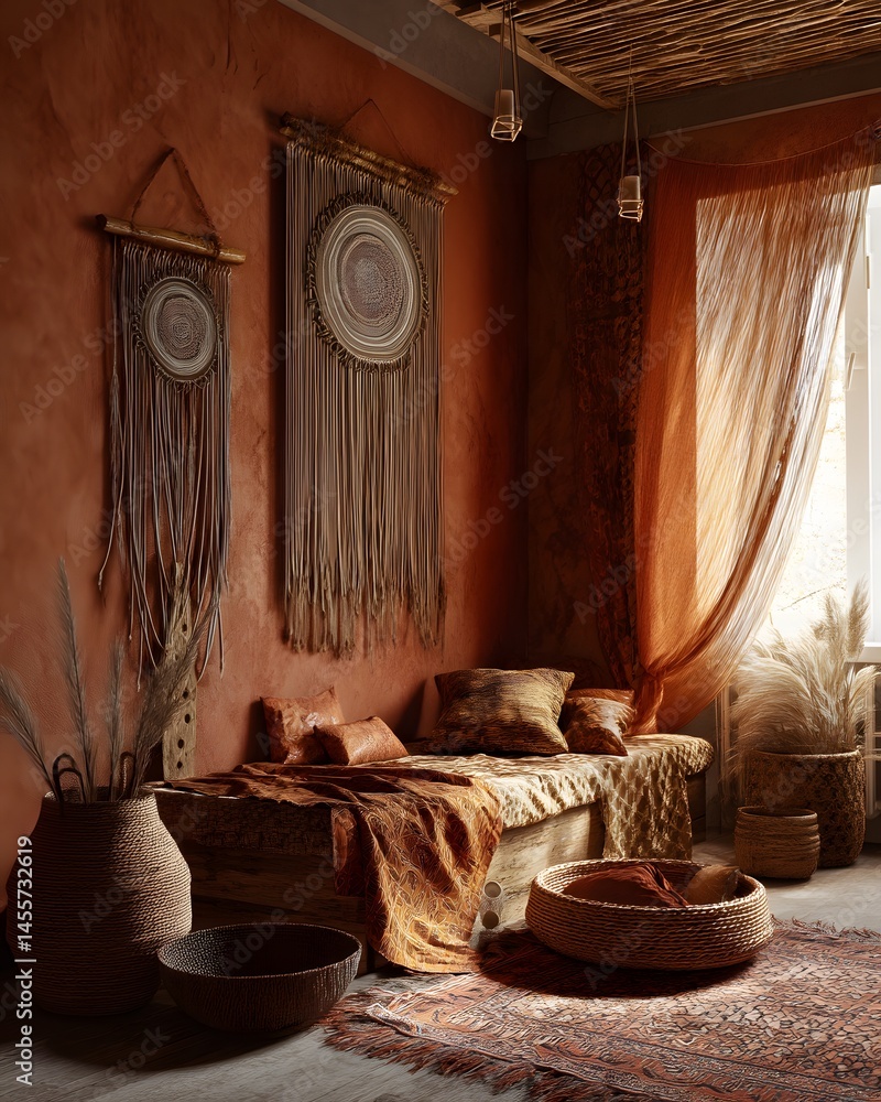 Poster a captivating blend of textures and tones a look into bohemian interior design with natural elements