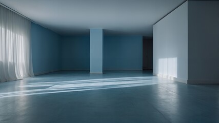 Obraz premium Modern Minimalist Room Interior Design Blue Walls White Curtains Sunlit Floor