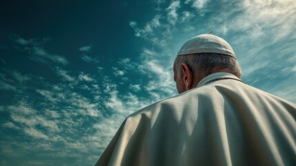 Back View of Pope in Traditional White Robe Under Dramatic Sky with Clouds, Symbolizing Faith, Spiritual Leadership, Conclave and Religious Reflection, Inspiring Scene Conveying Serenity and Devotion
