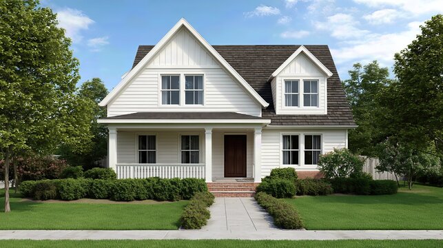 A charming white house with a gable roof and front porch sits in a cozy suburban neighborhood, offering a welcoming atmosphere and picturesque curb appeal.
