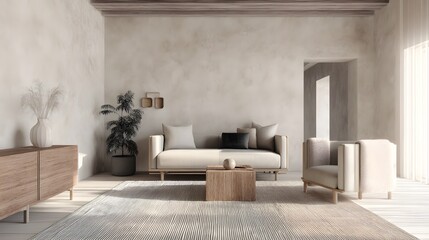 A Calm and Serene Interior Design Concept with Warm Tones and Natural Materials to Create a Relaxing Atmosphere Inside the Room