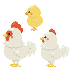 ニワトリとヒヨコの横向きイラストセット