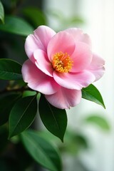 Fototapeta premium Delicate pink camellia, vibrant green foliage, blossom, vibrant