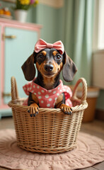 A  joyful dachshund wearing a polka-dot dress and a bow on her head, a retro kitchen vibe 