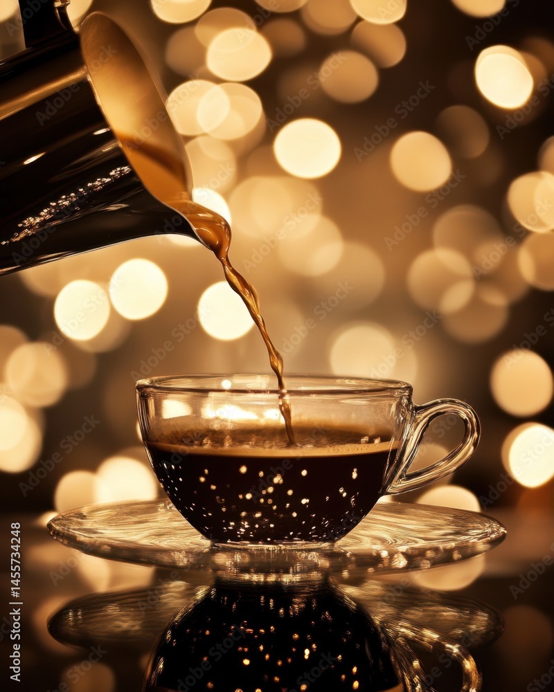 Poster coffee pouring into a glass cup with bokeh lights in the background for a warm and inviting atmosphe