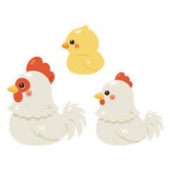 お座りしたニワトリとヒヨコの横向きイラストセット