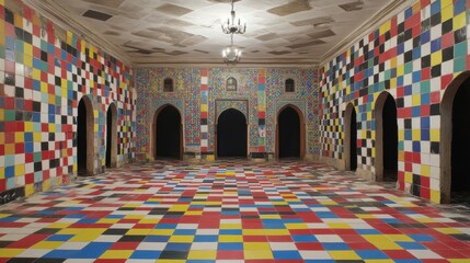 Obraz premium Vibrant mosaic hall artistic interior colorful blocks architecture unique spaces creative backgrounds immersive art experience