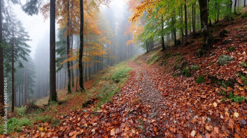 Aufkleber a winding forest trail covered in vibrant fallen leaves invites exploration through dense mist. soft
