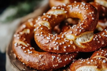 Delicious Bavarian pretzels with coarse salt on a wooden board for a tasty snack or treat