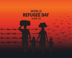 Vector illustration, silhouettes of refugee families walking towards a refugee camp, as a banner, poster or template for world refugee day.	