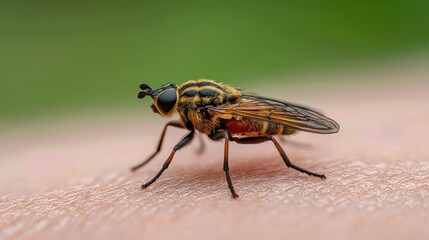 The parasitic fly rests on hairy skin, highlighting its presence and the risk of insect bites in northern European forests.


