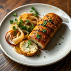 rissole with grilled organic onion and parsley on a plate