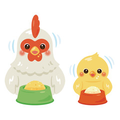食事中のニワトリとヒヨコのイラスト