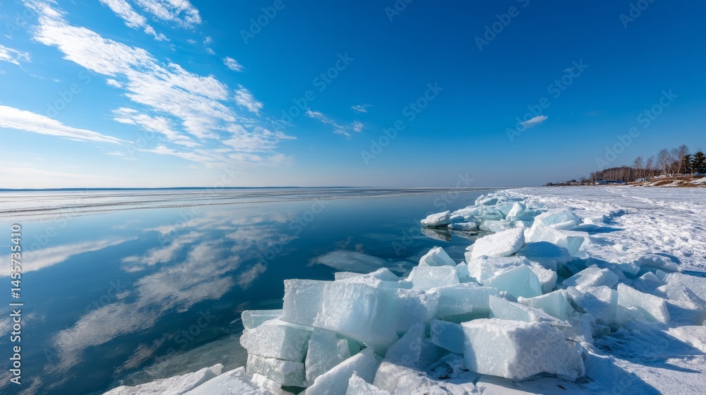Poster expansive frozen lake features vivid blue icebergs mirrored in still waters, creating a serene winte