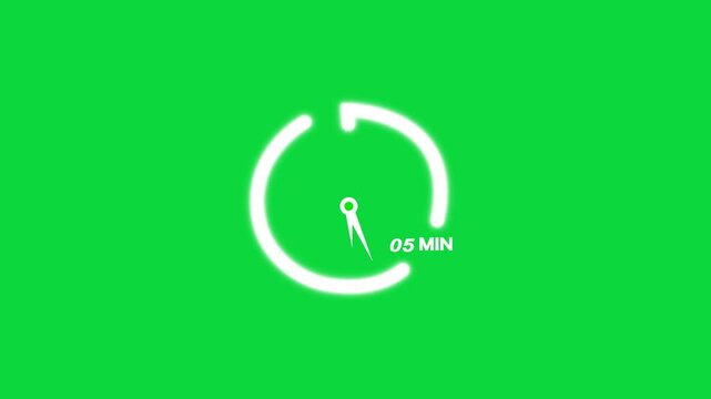 5 minutes timer clock animation on green screen transparent background. stopwatch icon. 5 minute timer video. time indicator. time measure, chronometer icon 5 minutes, countdown sign.