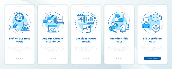 Workforce forecasting blue onboarding mobile app screen. HR strategy. Walkthrough 5 steps editable graphic instructions with linear concepts. UI, UX, GUI. Montserrat SemiBold, Regular fonts used