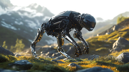 Canine-like AI nanobot with chrome limbs running through a futuristic landscape 