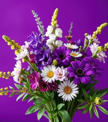 A vibrant purple bouquet of various flowers, artfully arranged against a matching purple backdrop, purple hues, texture