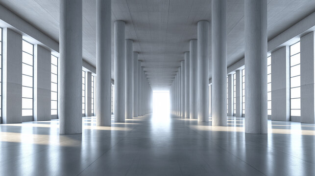 Modern concrete hall with towering columns and luminous windows, embodying architectural minimalism and serene grandeur.