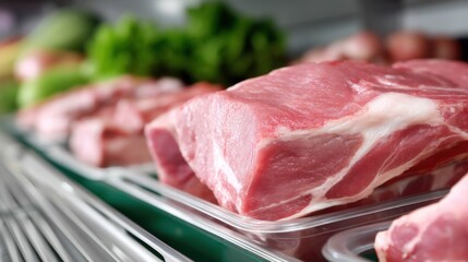 Fresh cuts of meat displayed in a refrigerated case.  Various cuts, including a large, pinkish-red piece, are visible.  Fresh produce like lettuce is partially visible in background