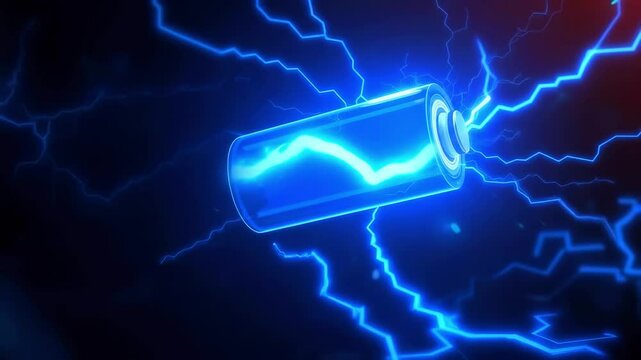 Vibrant electric battery surrounded by dynamic blue lightning bolts illustrating energy and power