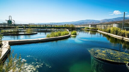 Naklejka premium Scenic wastewater treatment plant with mountain backdrop on a clear day
