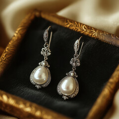 A pair of elegant pearl and diamond earrings glistening against a dark velvet background.