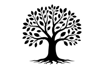 Black silhouette of a tree with detailed roots and foliage
